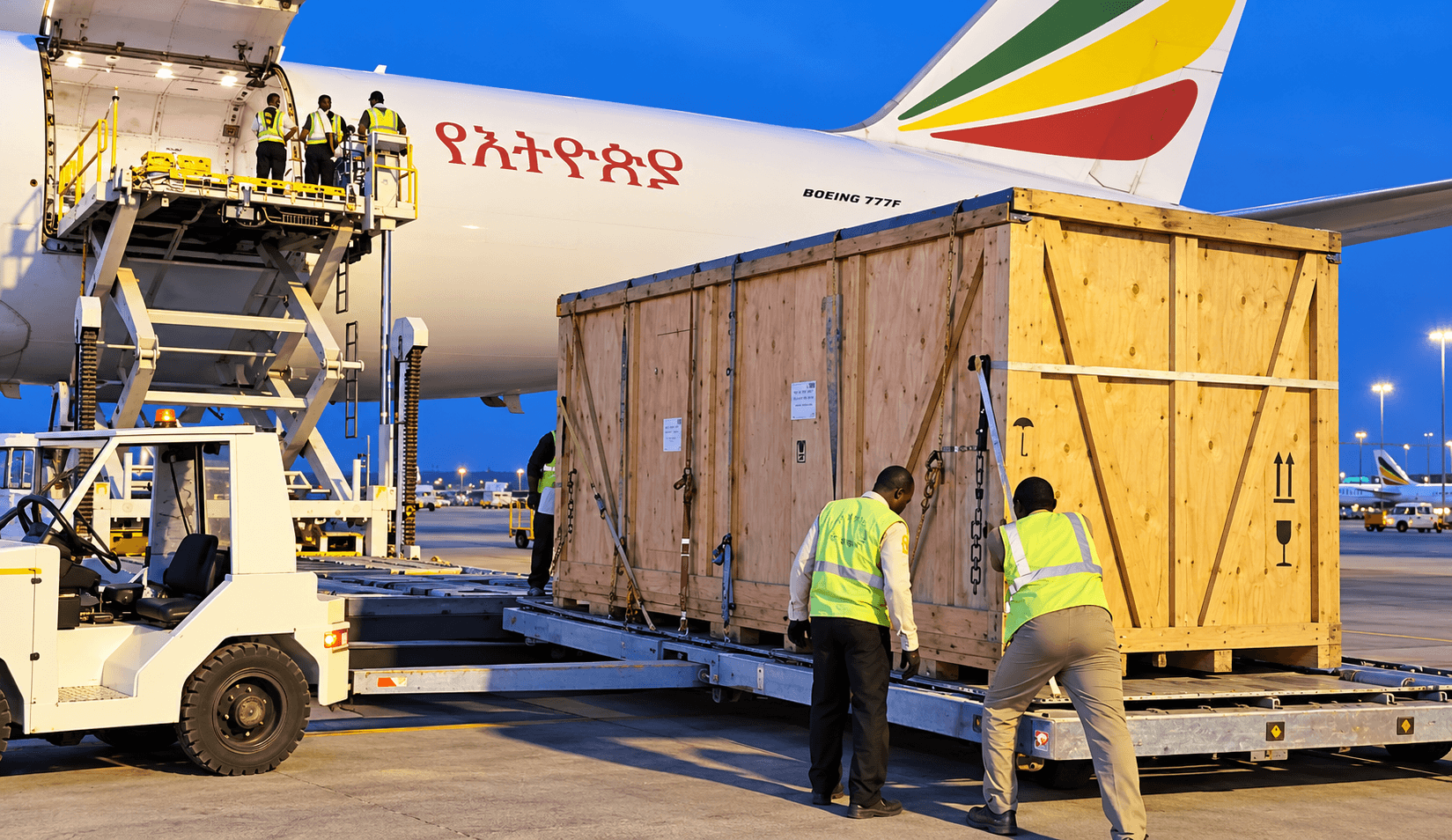 Cargo pallet loaded near an aircraft